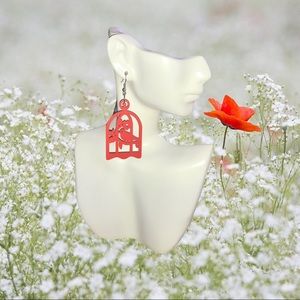 Red Color Laser Cut  “Bird in a Cage” Earrings